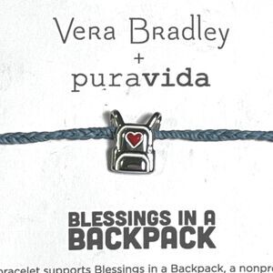 Vera Bradley Puravida Bracelet Blessings Backpack Blue Cord Silver Tone Charm